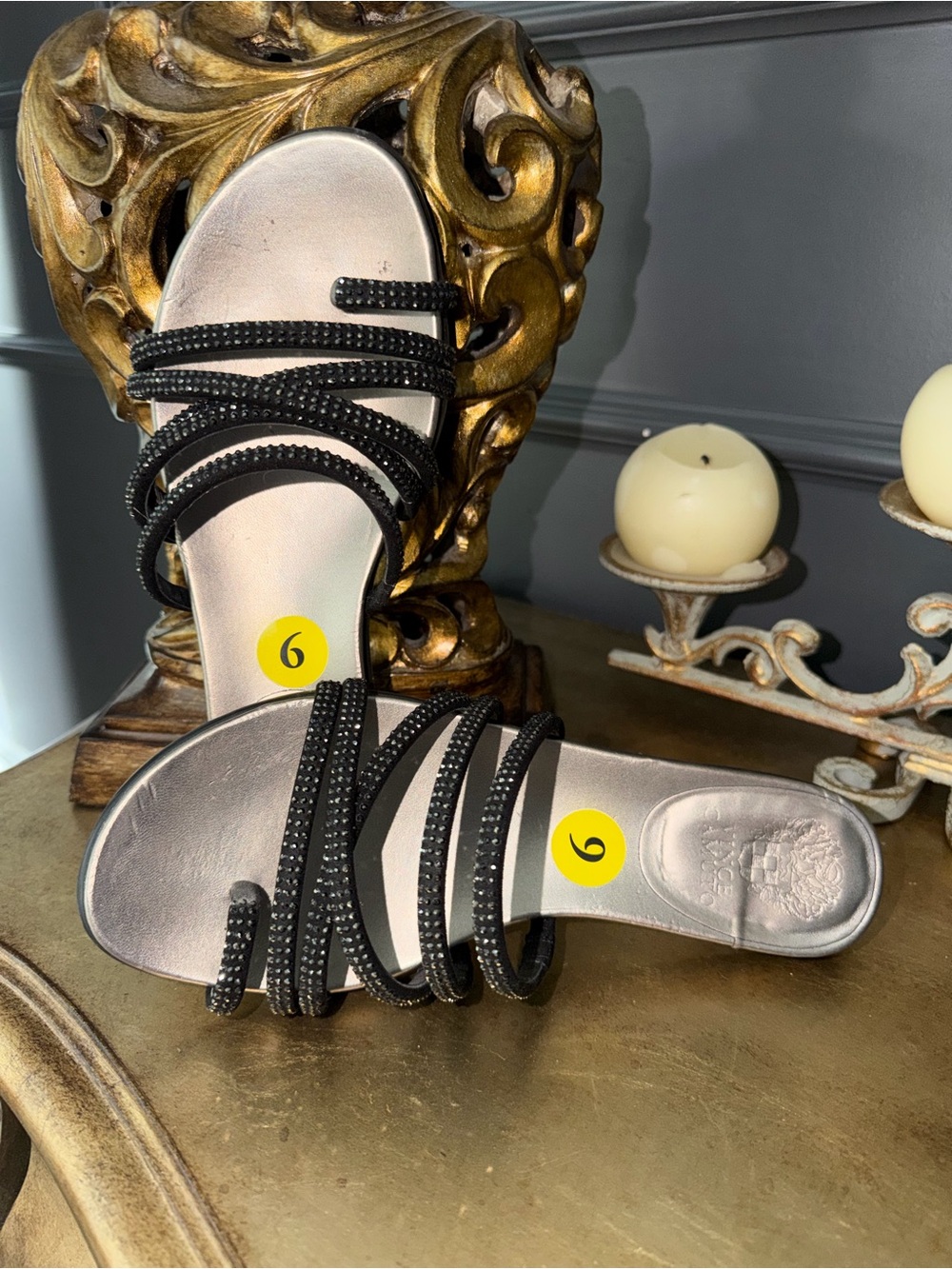 Vince Camuto - Bling Black Strappy Crystal Slide Sandals - Elegant Slip-On